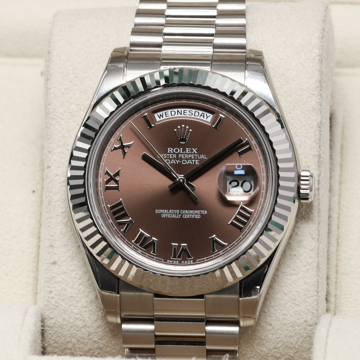 Rolex Day Date II 2011 Complete 41mm 18k White Gold Brown Dial 18k White Gold Fluted Bezel President Bracelet 218239