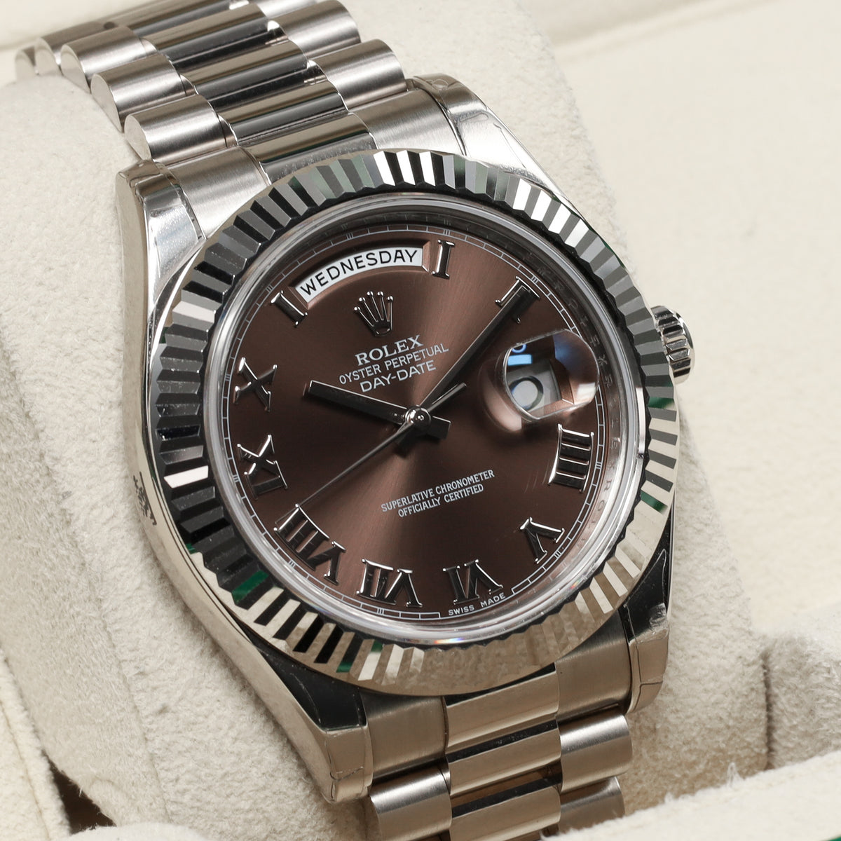 Rolex Day Date II 2011 Complete 41mm 18k White Gold Brown Dial 18k White Gold Fluted Bezel President Bracelet 218239
