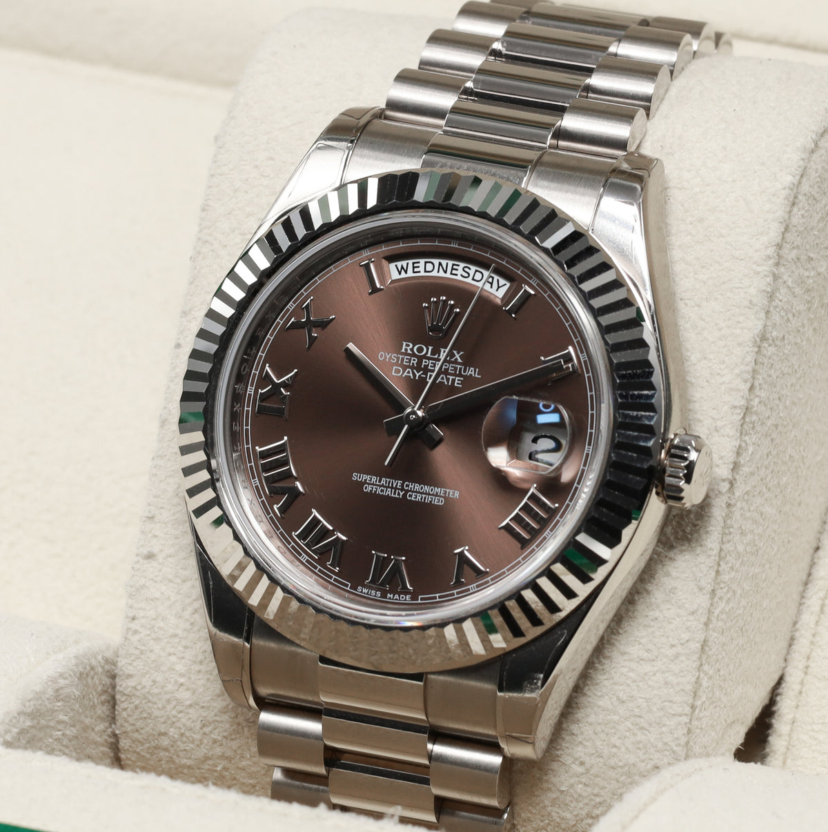 Rolex Day Date II 2011 Complete 41mm 18k White Gold Brown Dial 18k White Gold Fluted Bezel President Bracelet 218239