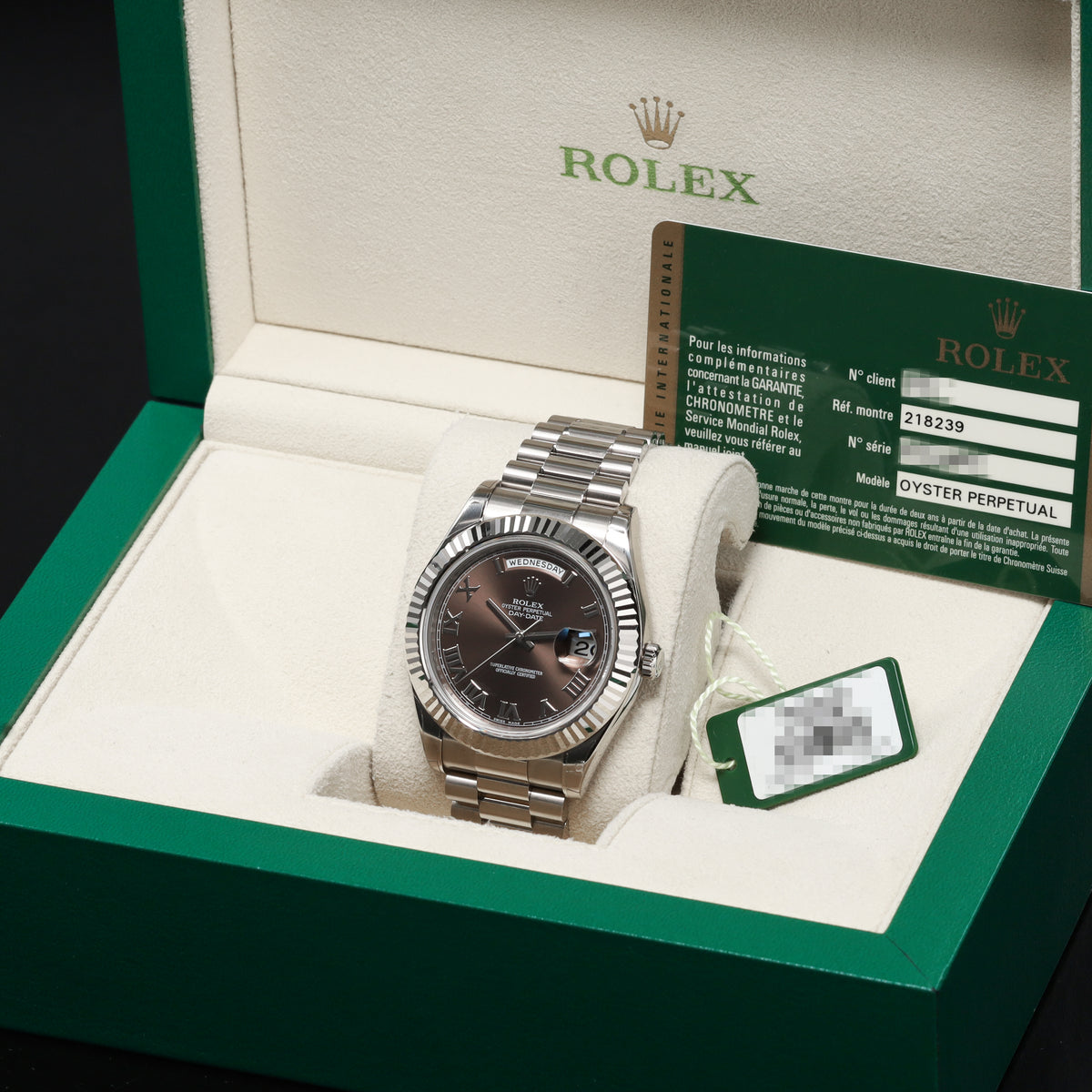 Rolex Day Date II 2011 Complete 41mm 18k White Gold Brown Dial 18k White Gold Fluted Bezel President Bracelet 218239