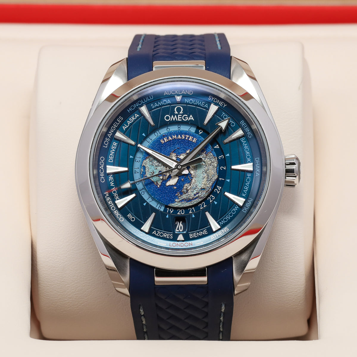 Omega Seamaster Aqua Terra Worldtimer 150m Worldtime 2022 Complete 43mm Steel Blue Dial Blue Strap GMT 220.12.43.22.03.001