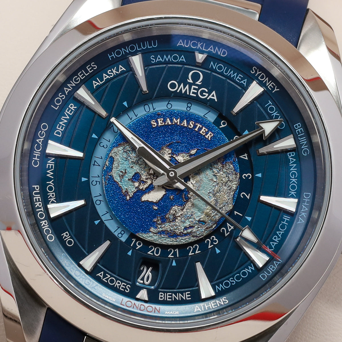 Omega Seamaster Aqua Terra Worldtimer 150m Worldtime 2022 Complete 43mm Steel Blue Dial Blue Strap GMT 220.12.43.22.03.001