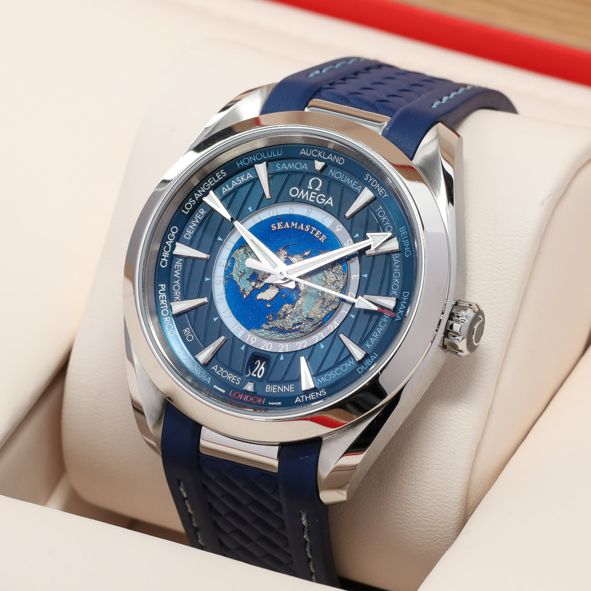 Omega Seamaster Aqua Terra Worldtimer 150m Worldtime 2022 Complete 43mm Steel Blue Dial Blue Strap GMT 220.12.43.22.03.001