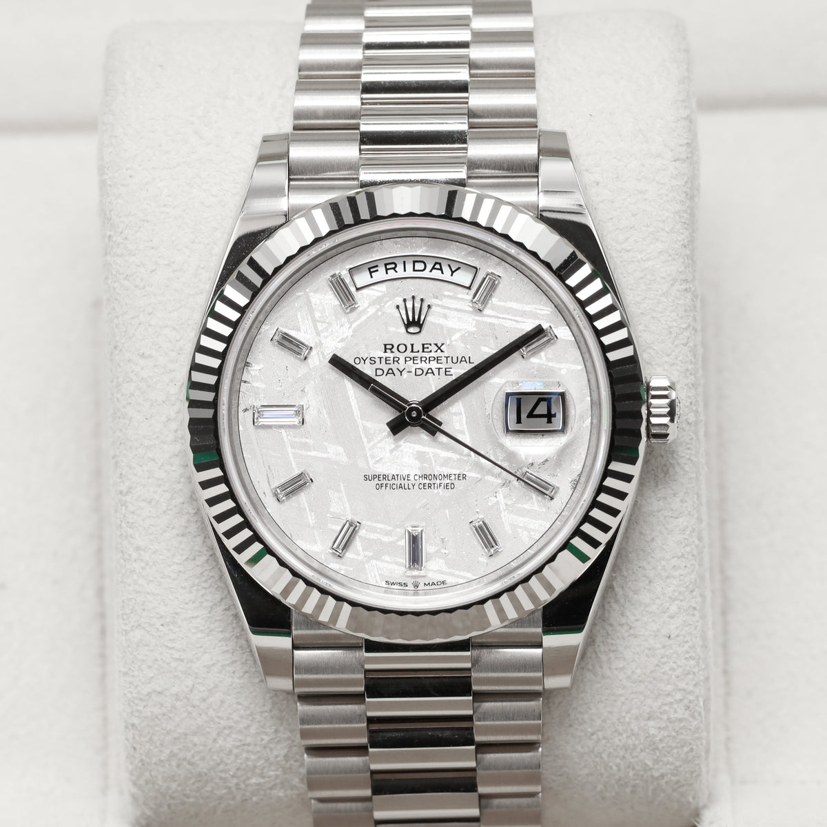 Rolex Day Date 2024 Complete 40mm 18k White Gold Meteorite with Baguette-Cut Diamond Markers Dial 18k White Gold Fluted Bezel 18k White Gold President Bracelet with Concealed Crownclasp 228239