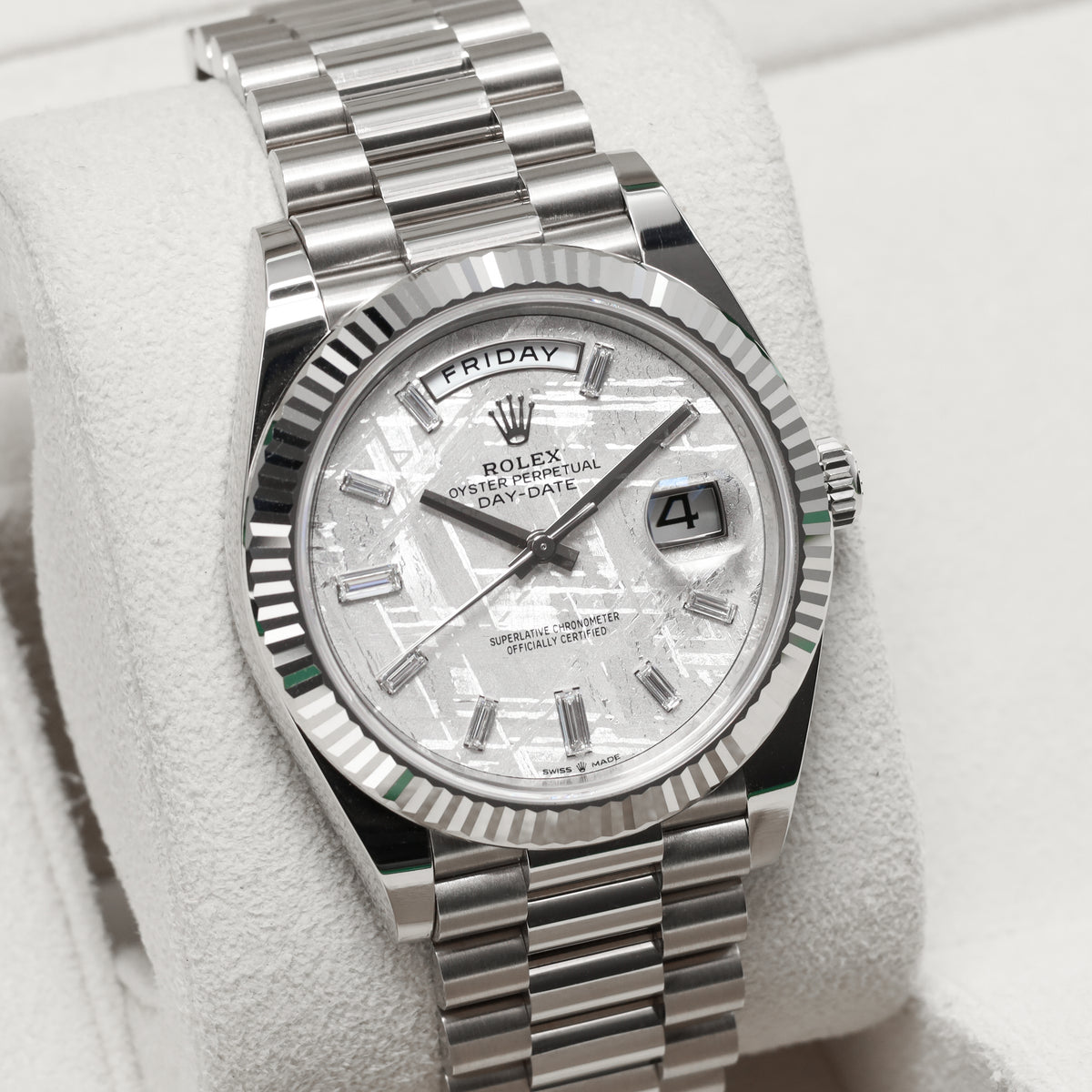 Rolex Day Date 2024 Complete 40mm 18k White Gold Meteorite with Baguette-Cut Diamond Markers Dial 18k White Gold Fluted Bezel 18k White Gold President Bracelet with Concealed Crownclasp 228239