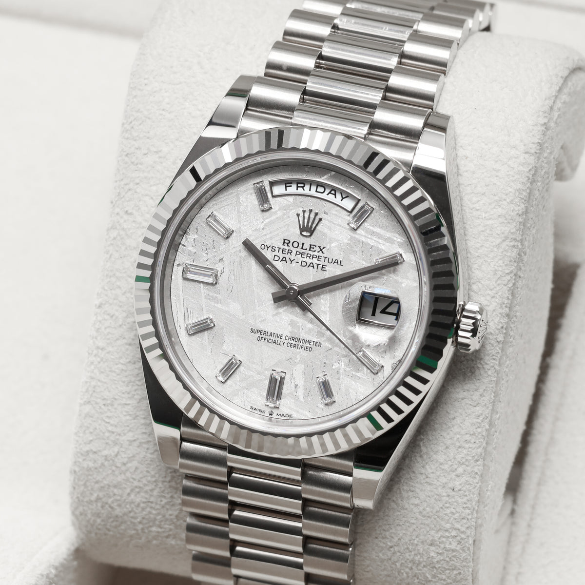 Rolex Day Date 2024 Complete 40mm 18k White Gold Meteorite with Baguette-Cut Diamond Markers Dial 18k White Gold Fluted Bezel 18k White Gold President Bracelet with Concealed Crownclasp 228239