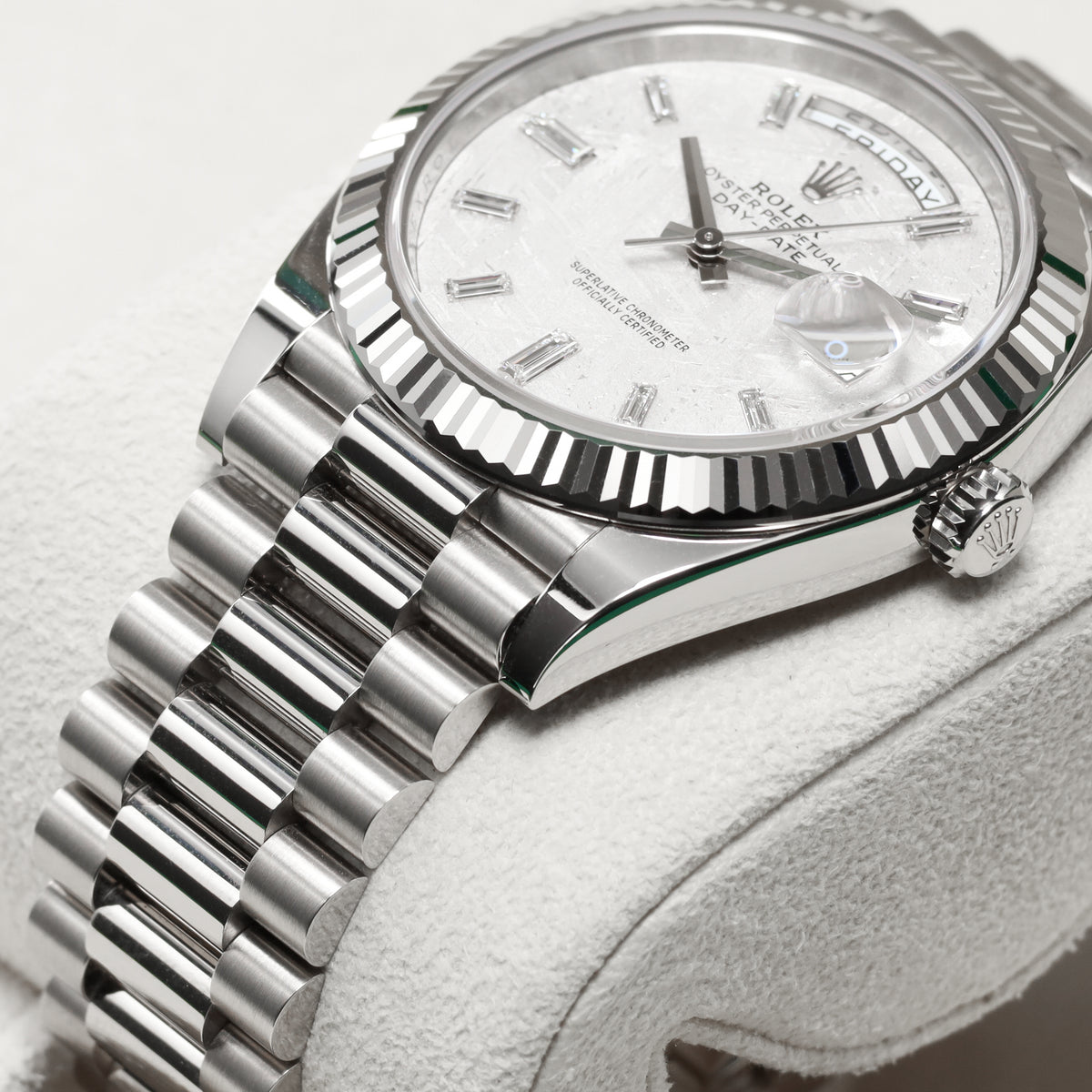 Rolex Day Date 2024 Complete 40mm 18k White Gold Meteorite with Baguette-Cut Diamond Markers Dial 18k White Gold Fluted Bezel 18k White Gold President Bracelet with Concealed Crownclasp 228239