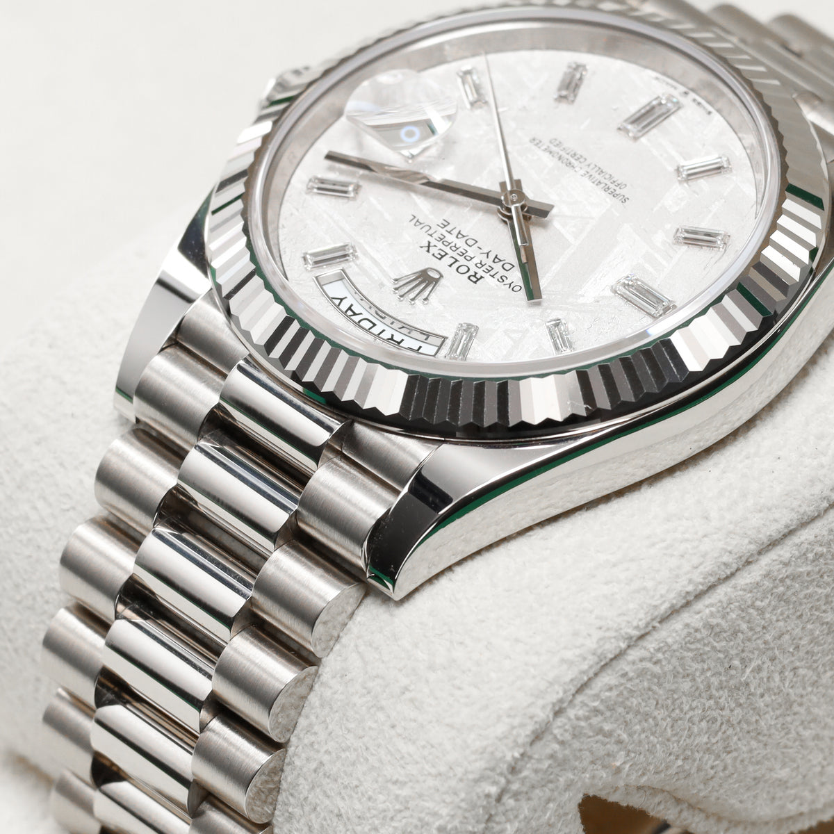 Rolex Day Date 2024 Complete 40mm 18k White Gold Meteorite with Baguette-Cut Diamond Markers Dial 18k White Gold Fluted Bezel 18k White Gold President Bracelet with Concealed Crownclasp 228239