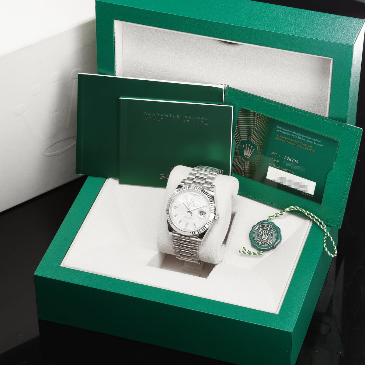 Rolex Day Date 2024 Complete 40mm 18k White Gold Meteorite with Baguette-Cut Diamond Markers Dial 18k White Gold Fluted Bezel 18k White Gold President Bracelet with Concealed Crownclasp 228239