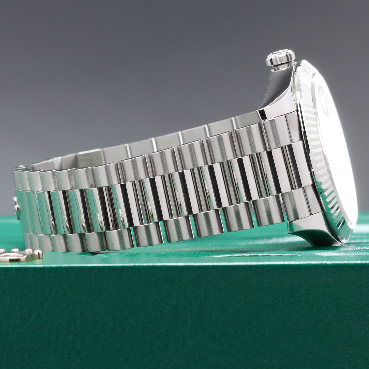 Rolex Day Date 2024 Complete 40mm 18k White Gold Meteorite with Baguette-Cut Diamond Markers Dial 18k White Gold Fluted Bezel 18k White Gold President Bracelet with Concealed Crownclasp 228239
