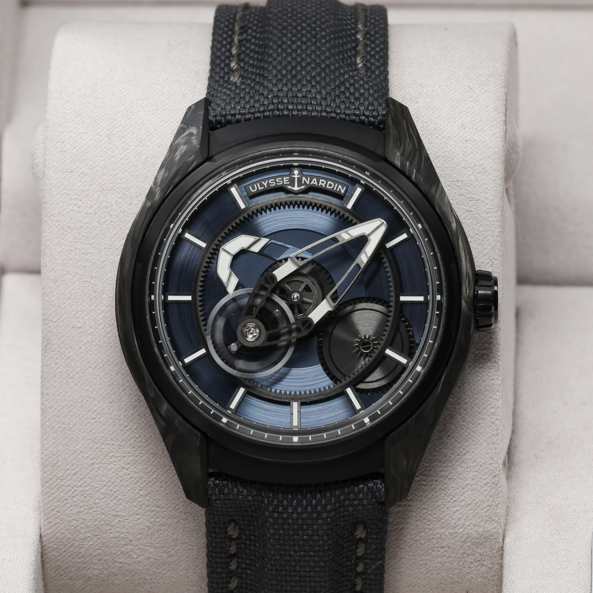 Ulysse Nardin Freak 2025 43mm Carbon and Titanium Blue Openworked Display Dial Carbon Bezel Black Rubber Leather Strap with Folding Clasp 2303-270LE-3A