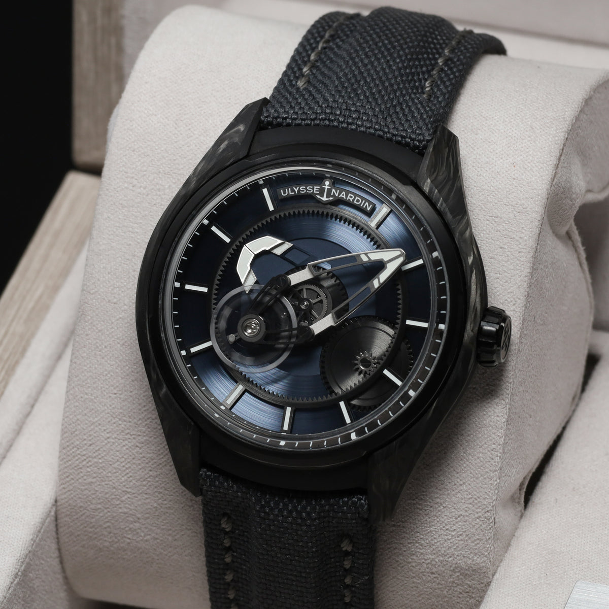 Ulysse Nardin Freak 2025 43mm Carbon and Titanium Blue Openworked Display Dial Carbon Bezel Black Rubber Leather Strap with Folding Clasp 2303-270LE-3A