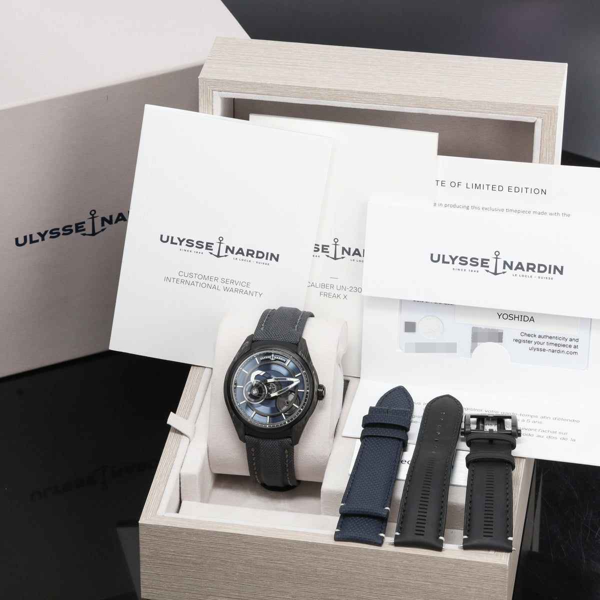 Ulysse Nardin Freak 2025 43mm Carbon and Titanium Blue Openworked Display Dial Carbon Bezel Black Rubber Leather Strap with Folding Clasp 2303-270LE-3A