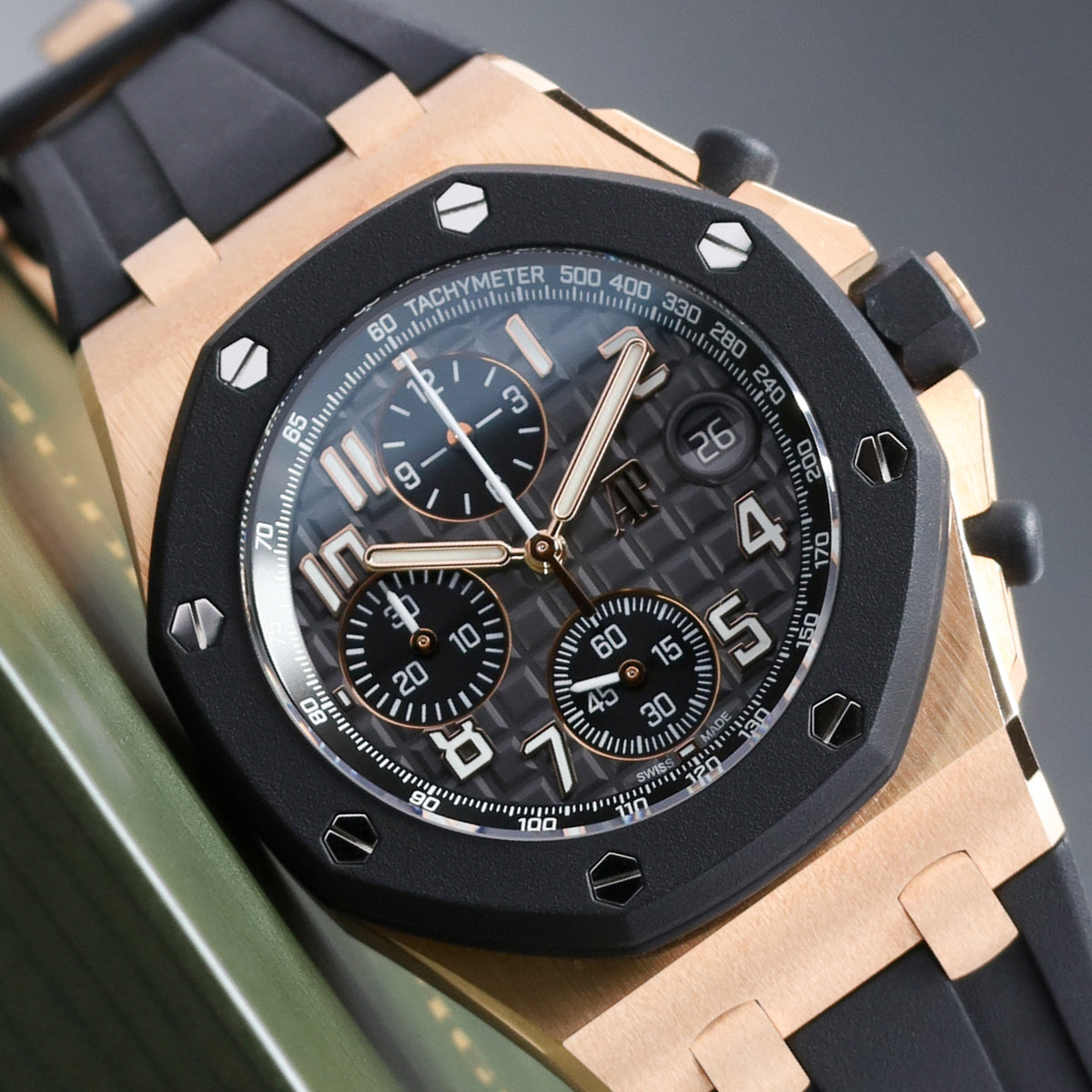 Audemars Piguet Royal Oak Offshore 2026 Complete 42mm 18k Rose Gold Grey with "Mega Tapisserie" Dial Grey Rubberclad Bezel Black Rubber Strap 26238OK.OO.A002CA.01