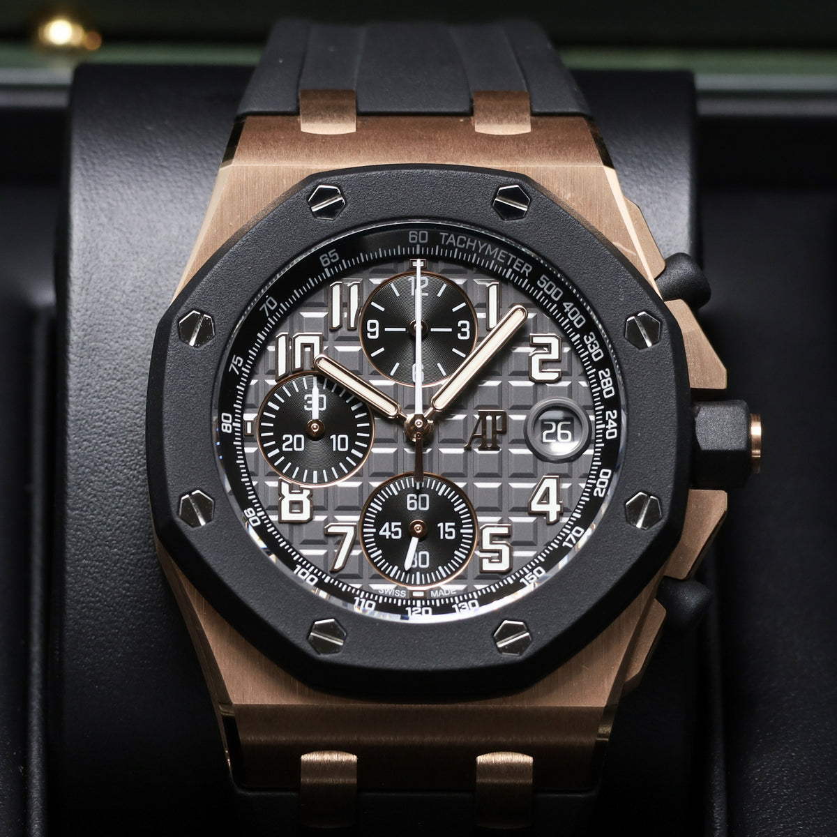 Audemars Piguet Royal Oak Offshore 2026 Complete 42mm 18k Rose Gold Grey with "Mega Tapisserie" Dial Grey Rubberclad Bezel Black Rubber Strap 26238OK.OO.A002CA.01