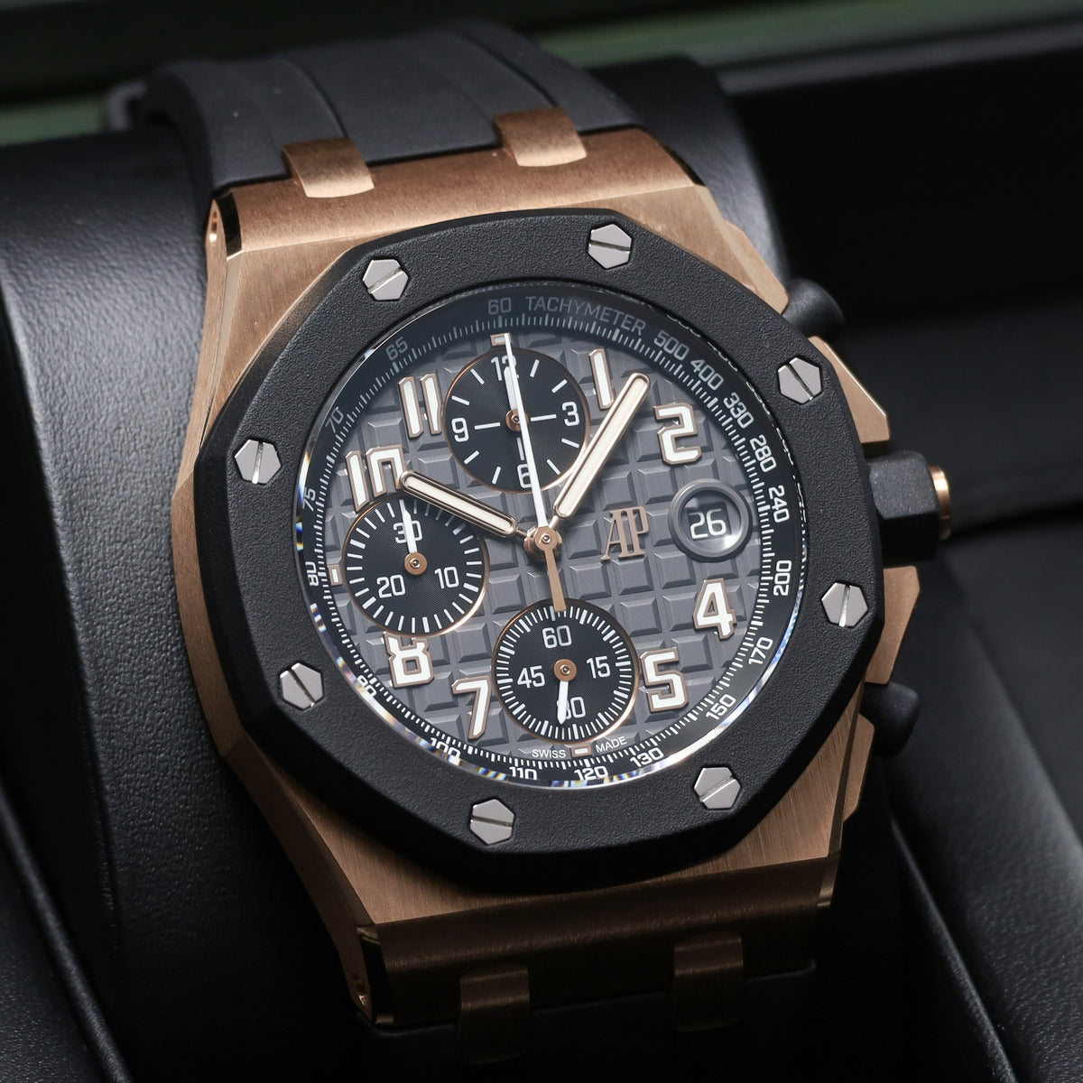 Audemars Piguet Royal Oak Offshore 2026 Complete 42mm 18k Rose Gold Grey with "Mega Tapisserie" Dial Grey Rubberclad Bezel Black Rubber Strap 26238OK.OO.A002CA.01