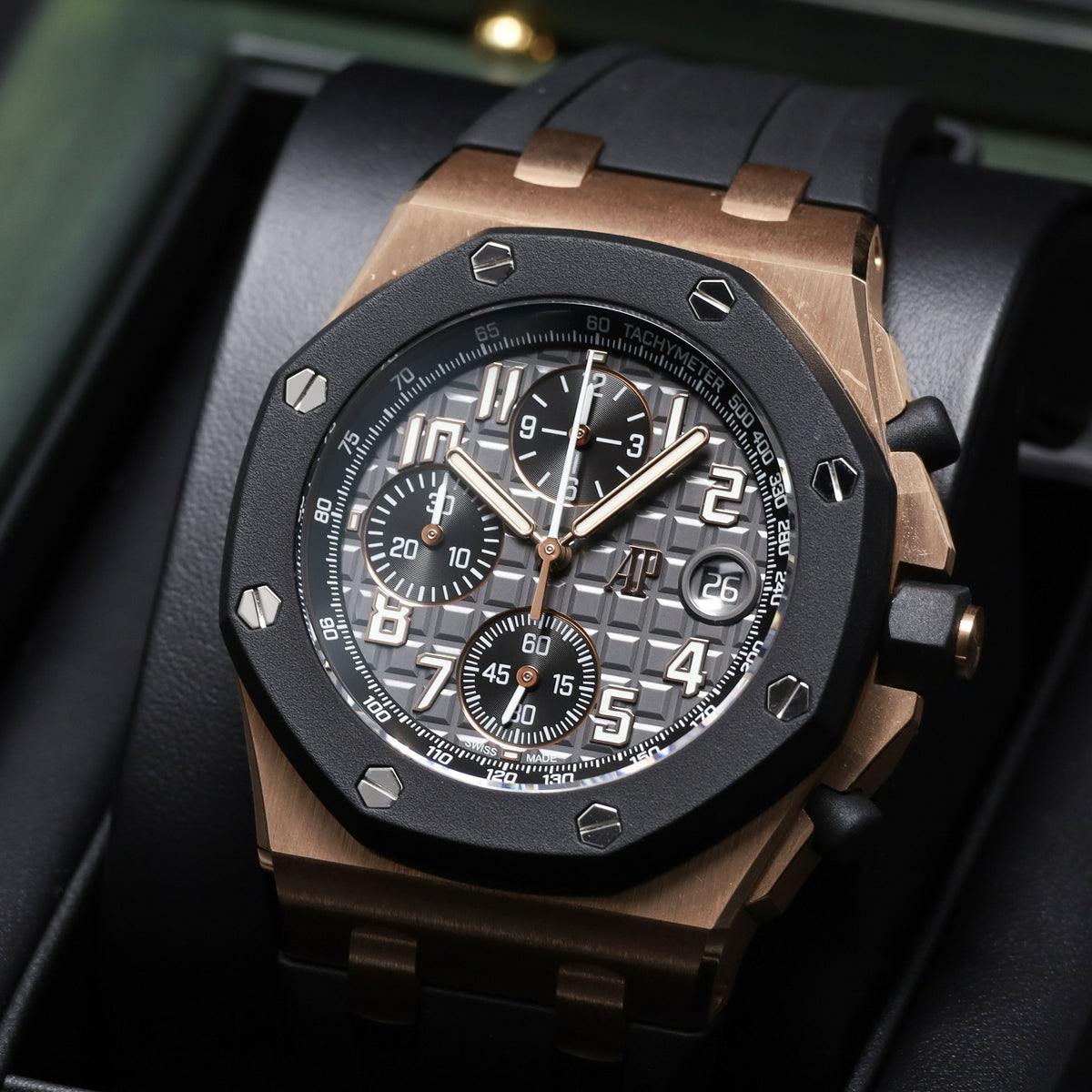 Audemars Piguet Royal Oak Offshore 2026 Complete 42mm 18k Rose Gold Grey with "Mega Tapisserie" Dial Grey Rubberclad Bezel Black Rubber Strap 26238OK.OO.A002CA.01