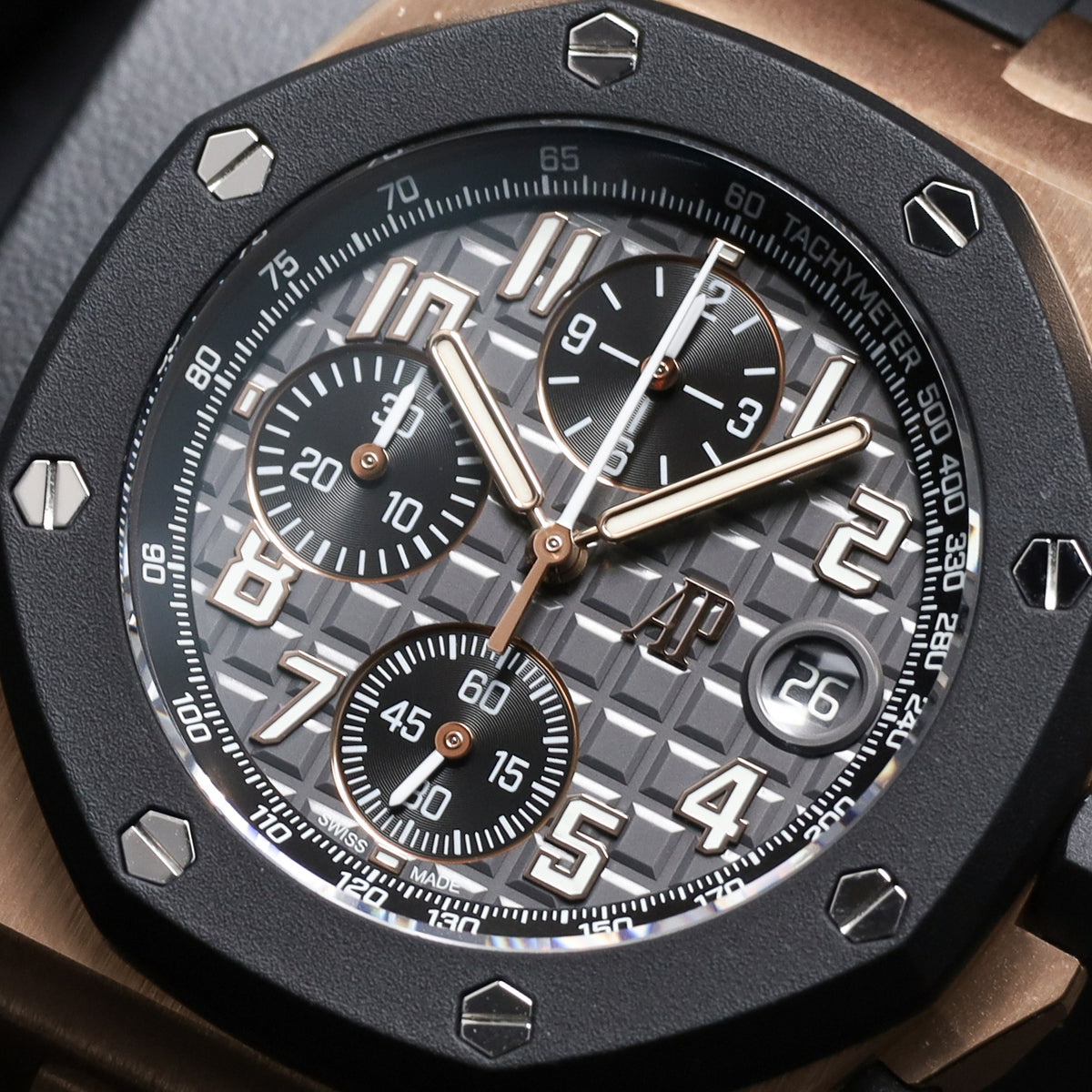 Audemars Piguet Royal Oak Offshore 2026 Complete 42mm 18k Rose Gold Grey with "Mega Tapisserie" Dial Grey Rubberclad Bezel Black Rubber Strap 26238OK.OO.A002CA.01