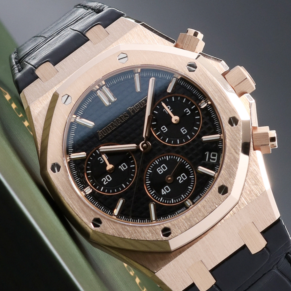 Audemars Piguet Royal Oak 2022 Complete 41mm 18k Rose Gold Black with Grande Tapisserie Dial 18k Rose Gold Bezel Black Leather Strap 26240OR.OO.D002CR.01