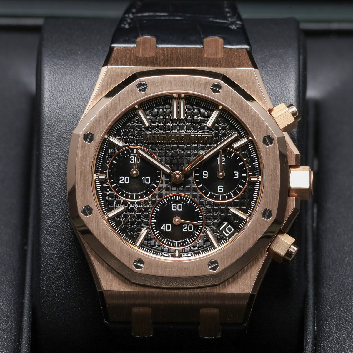 Audemars Piguet Royal Oak 2022 Complete 41mm 18k Rose Gold Black with Grande Tapisserie Dial 18k Rose Gold Bezel Black Leather Strap 26240OR.OO.D002CR.01