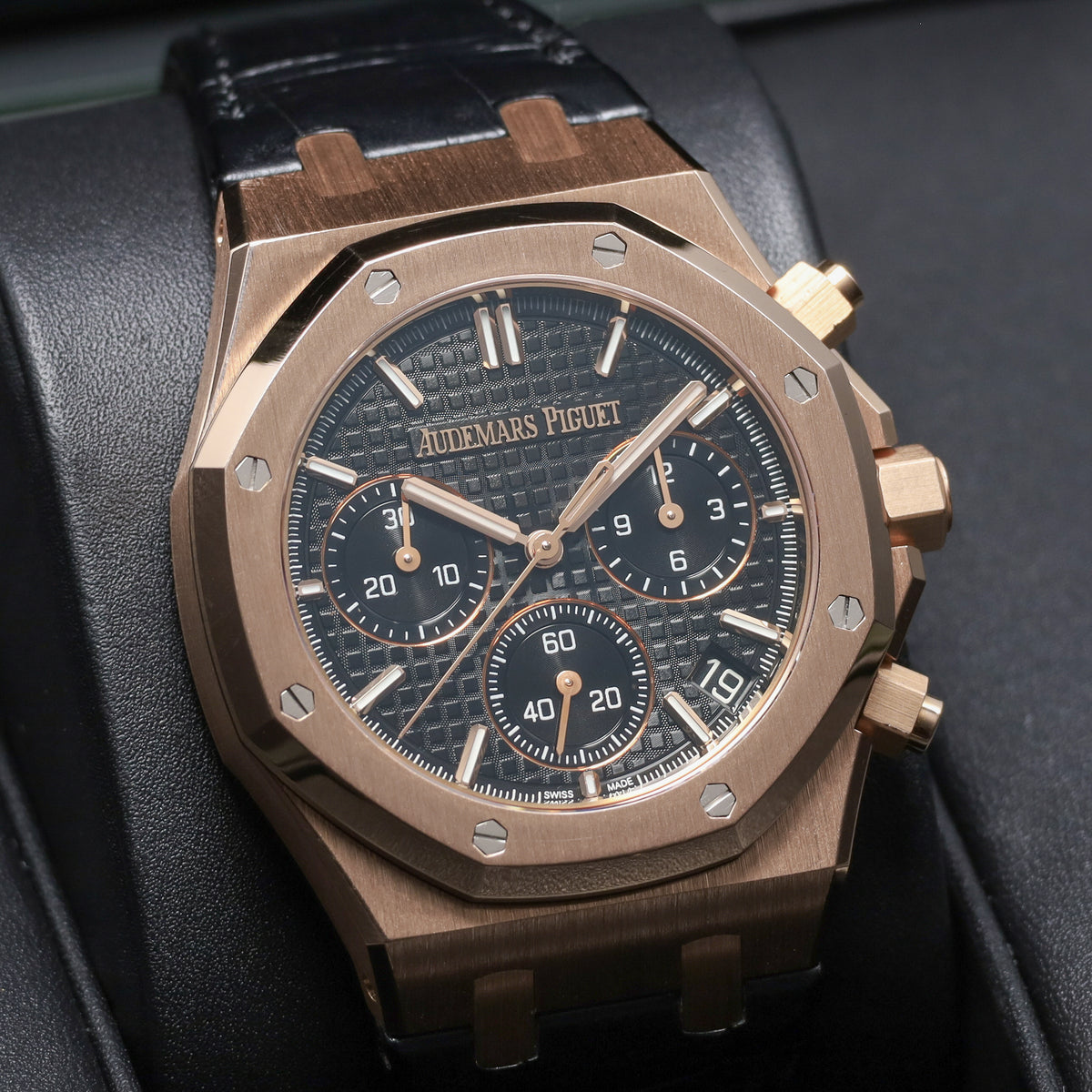 Audemars Piguet Royal Oak 2022 Complete 41mm 18k Rose Gold Black with Grande Tapisserie Dial 18k Rose Gold Bezel Black Leather Strap 26240OR.OO.D002CR.01