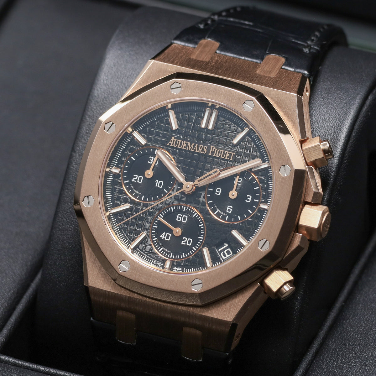 Audemars Piguet Royal Oak 2022 Complete 41mm 18k Rose Gold Black with Grande Tapisserie Dial 18k Rose Gold Bezel Black Leather Strap 26240OR.OO.D002CR.01