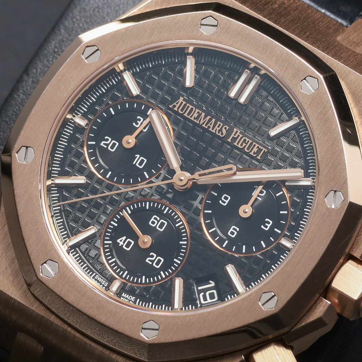 Audemars Piguet Royal Oak 2022 Complete 41mm 18k Rose Gold Black with Grande Tapisserie Dial 18k Rose Gold Bezel Black Leather Strap 26240OR.OO.D002CR.01
