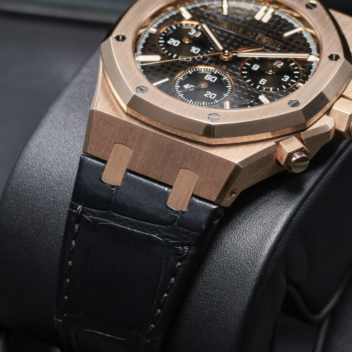 Audemars Piguet Royal Oak 2022 Complete 41mm 18k Rose Gold Black with Grande Tapisserie Dial 18k Rose Gold Bezel Black Leather Strap 26240OR.OO.D002CR.01