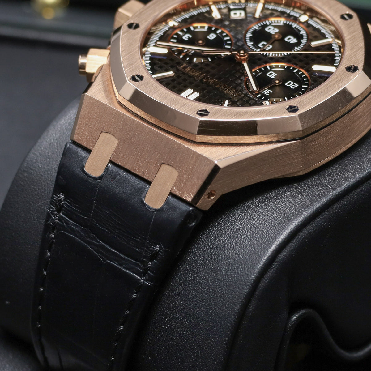Audemars Piguet Royal Oak 2022 Complete 41mm 18k Rose Gold Black with Grande Tapisserie Dial 18k Rose Gold Bezel Black Leather Strap 26240OR.OO.D002CR.01