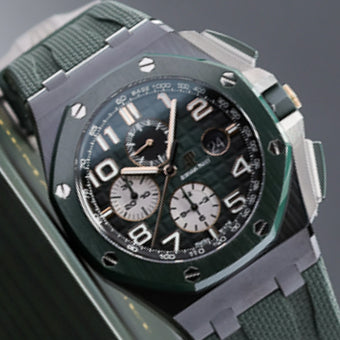 Audemars Piguet Royal Oak Offshore  Complete 44mm Black Ceramic Green Méga Tapisserie Dial Green Ceramic Bezel Green Rubber Strap 26405CE