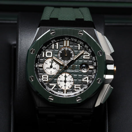 Audemars Piguet Royal Oak Offshore  Complete 44mm Black Ceramic Green Méga Tapisserie Dial Green Ceramic Bezel Green Rubber Strap 26405CE