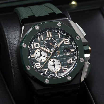 Audemars Piguet Royal Oak Offshore  Complete 44mm Black Ceramic Green Méga Tapisserie Dial Green Ceramic Bezel Green Rubber Strap 26405CE