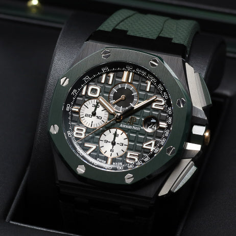 Audemars Piguet Royal Oak Offshore  Complete 44mm Black Ceramic Green Méga Tapisserie Dial Green Ceramic Bezel Green Rubber Strap 26405CE
