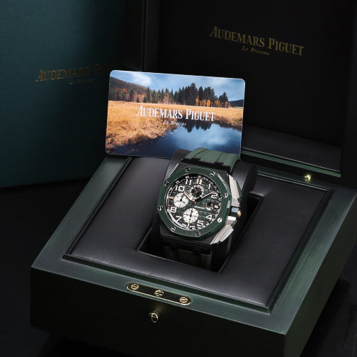 Audemars Piguet Royal Oak Offshore  Complete 44mm Black Ceramic Green Méga Tapisserie Dial Green Ceramic Bezel Green Rubber Strap 26405CE