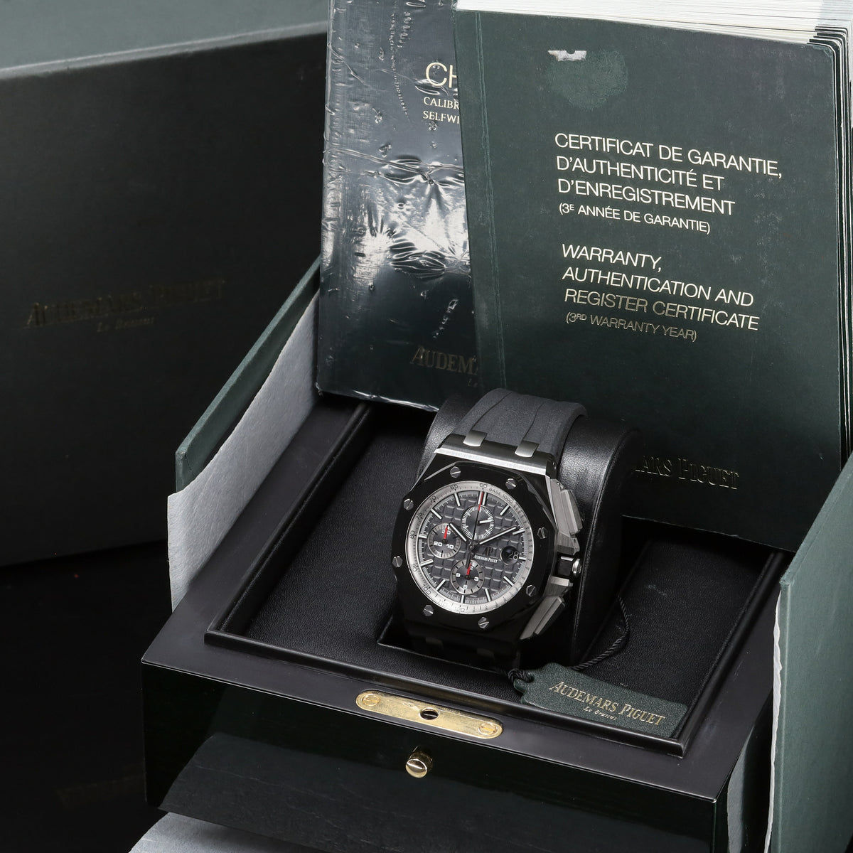 Audemars Piguet Royal Oak Offshore Chronograph Complete 44mm Black Ceramic Case Gray Dial Bezel Rubber Strap 26405CE.OO.A002CA.01