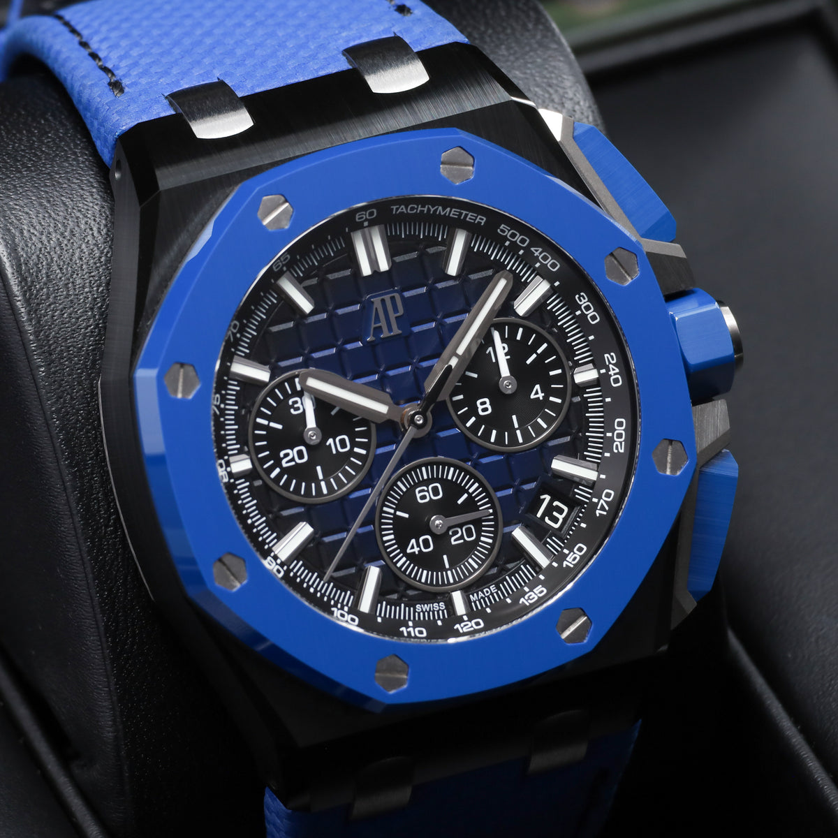 Audemars Piguet  Royal Oak Offshore 2023 Complete 43mm Black Ceramic Blue “Méga Tapisserie” Dial Blue Ceramic Bezel Blue Rubber Strap 26420CE..OO.A043VE.01