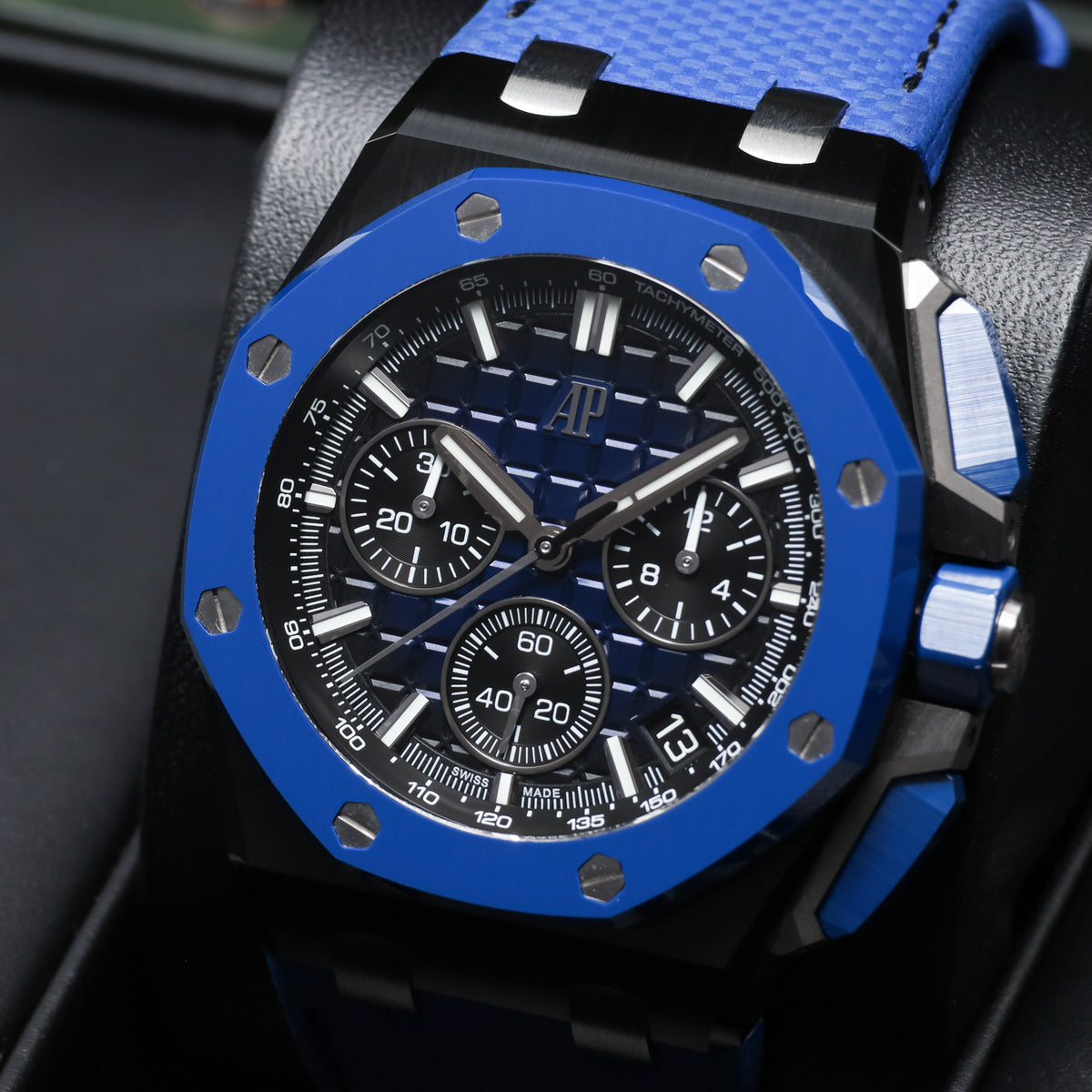 Audemars Piguet  Royal Oak Offshore 2023 Complete 43mm Black Ceramic Blue “Méga Tapisserie” Dial Blue Ceramic Bezel Blue Rubber Strap 26420CE..OO.A043VE.01