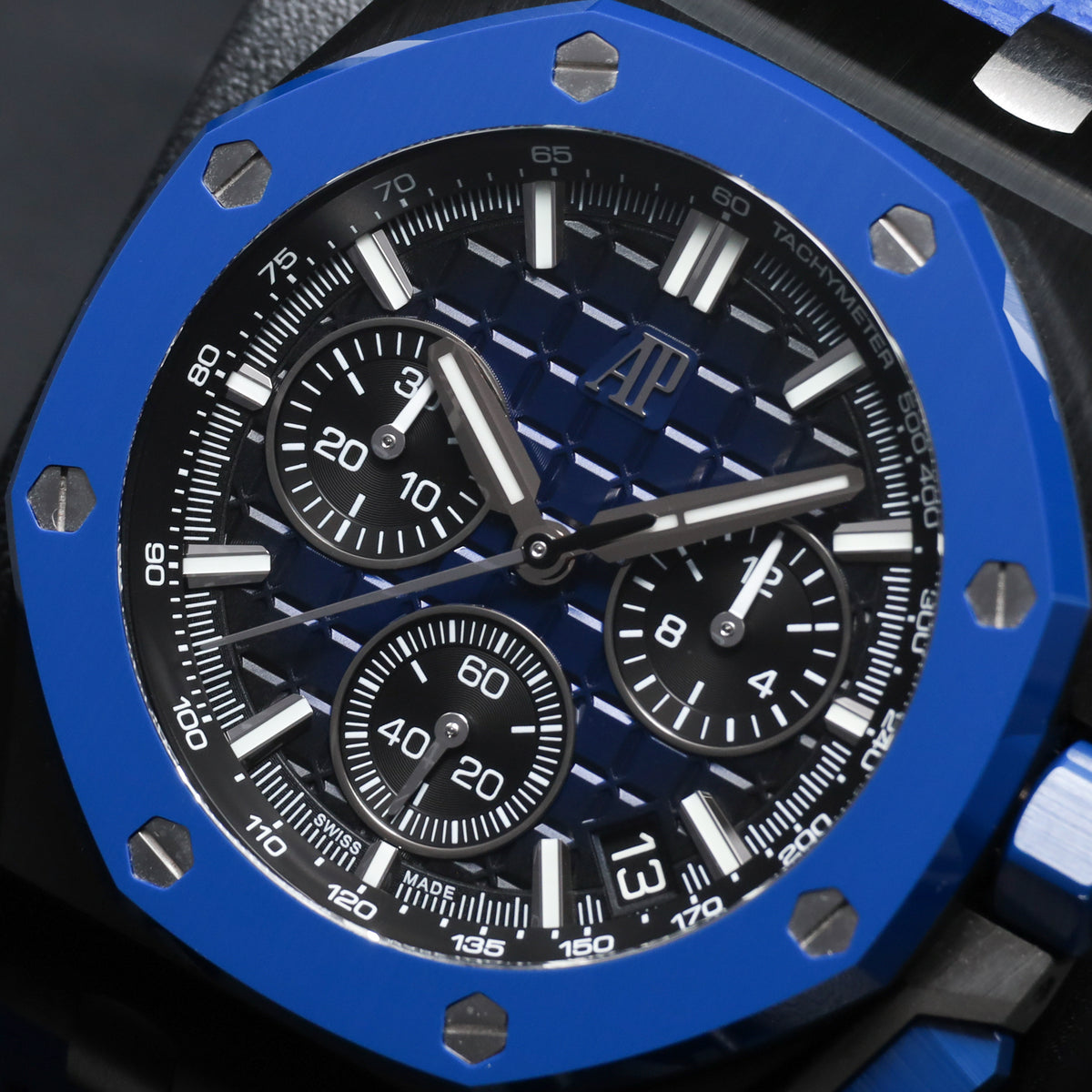 Audemars Piguet  Royal Oak Offshore 2023 Complete 43mm Black Ceramic Blue “Méga Tapisserie” Dial Blue Ceramic Bezel Blue Rubber Strap 26420CE..OO.A043VE.01