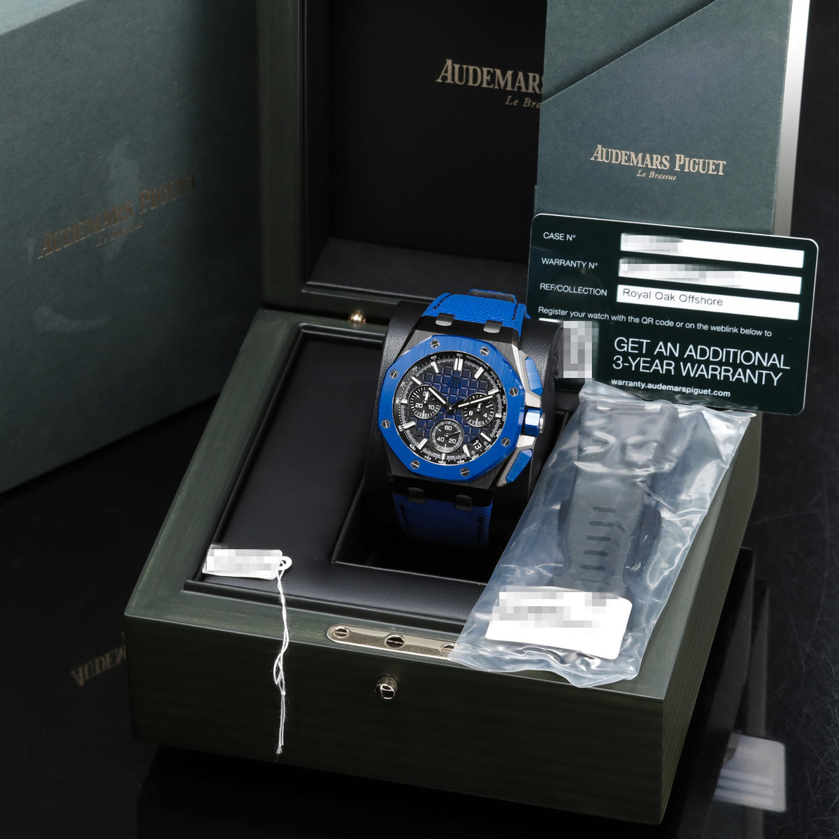 Audemars Piguet  Royal Oak Offshore 2023 Complete 43mm Black Ceramic Blue “Méga Tapisserie” Dial Blue Ceramic Bezel Blue Rubber Strap 26420CE..OO.A043VE.01