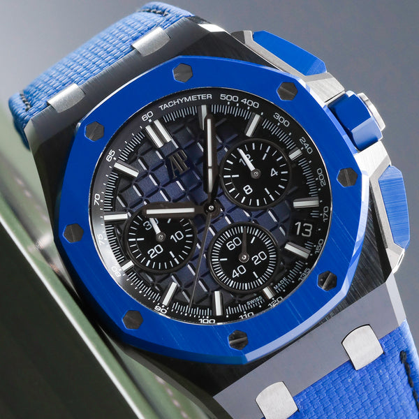 Audemars Piguet  Royal Oak Offshore 2023 Complete 43mm Black Ceramic Blue “Méga Tapisserie” Dial Blue Ceramic Bezel Blue Rubber Strap 26420CE..OO.A043VE.01