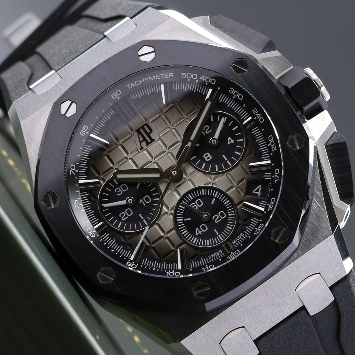 Audemars Piguet Royal Oak Offshore 2022 Complete 43mm Stainless Steel Taupe "Méga Tapisserie"  Dial Black Ceramic Bezel Rubber Strap 26420SO.OOA600CA.01