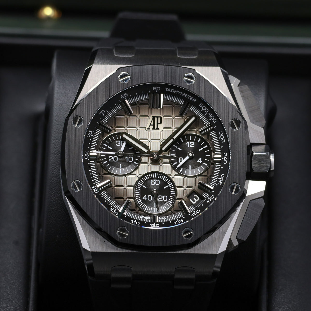 Audemars Piguet Royal Oak Offshore 2022 Complete 43mm Stainless Steel Taupe "Méga Tapisserie"  Dial Black Ceramic Bezel Rubber Strap 26420SO.OOA600CA.01