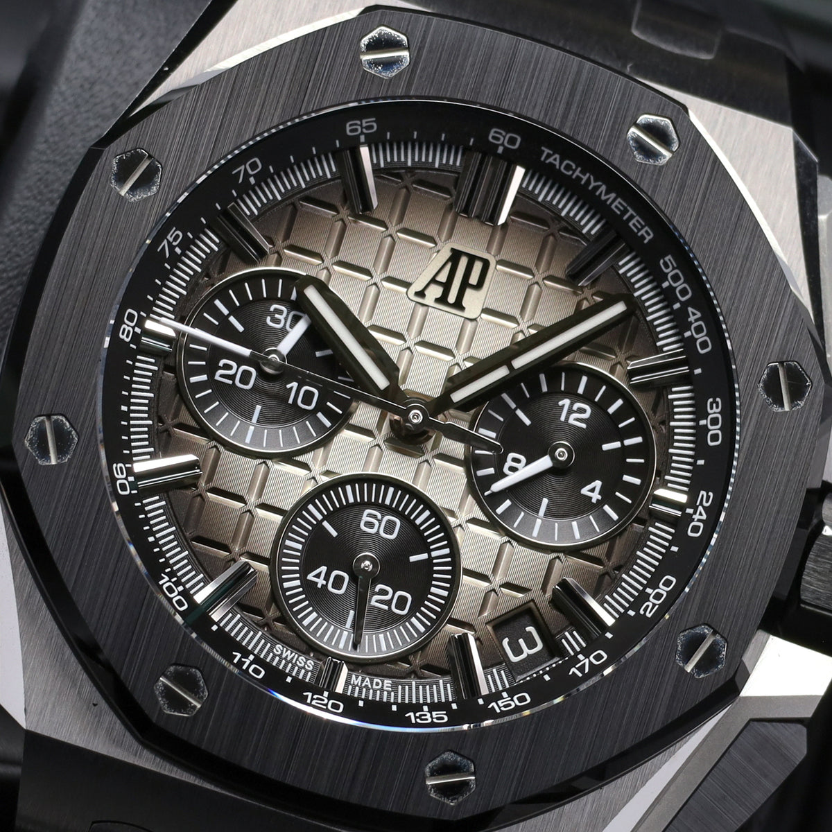 Audemars Piguet Royal Oak Offshore 2022 Complete 43mm Stainless Steel Taupe "Méga Tapisserie"  Dial Black Ceramic Bezel Rubber Strap 26420SO.OOA600CA.01