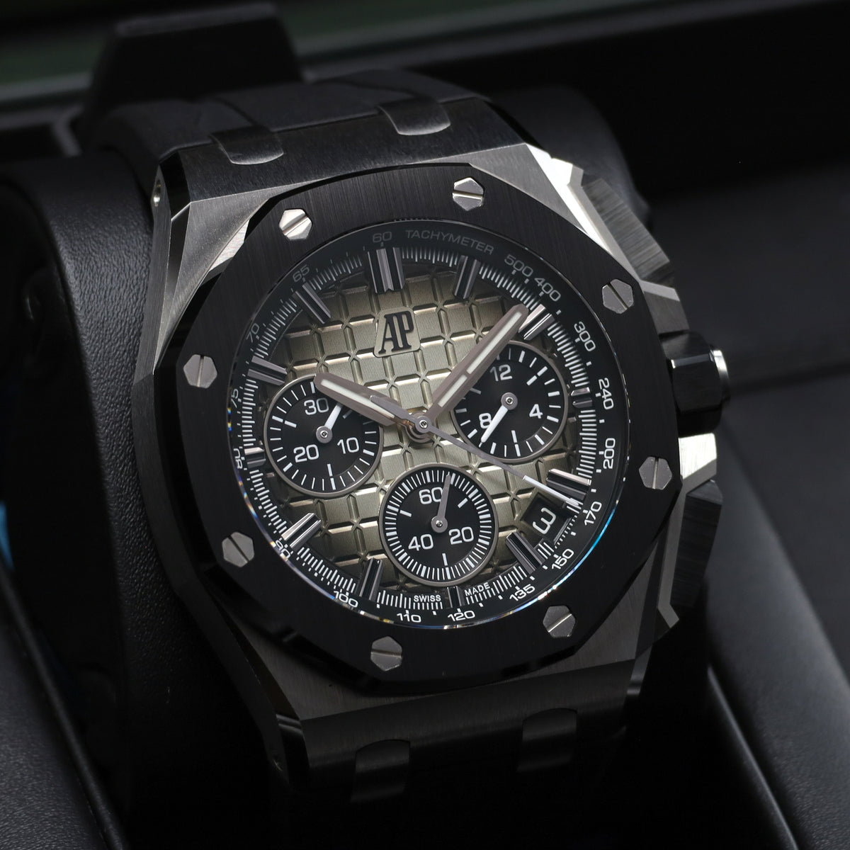 Audemars Piguet Royal Oak Offshore 2022 Complete 43mm Stainless Steel Taupe "Méga Tapisserie"  Dial Black Ceramic Bezel Rubber Strap 26420SO.OOA600CA.01