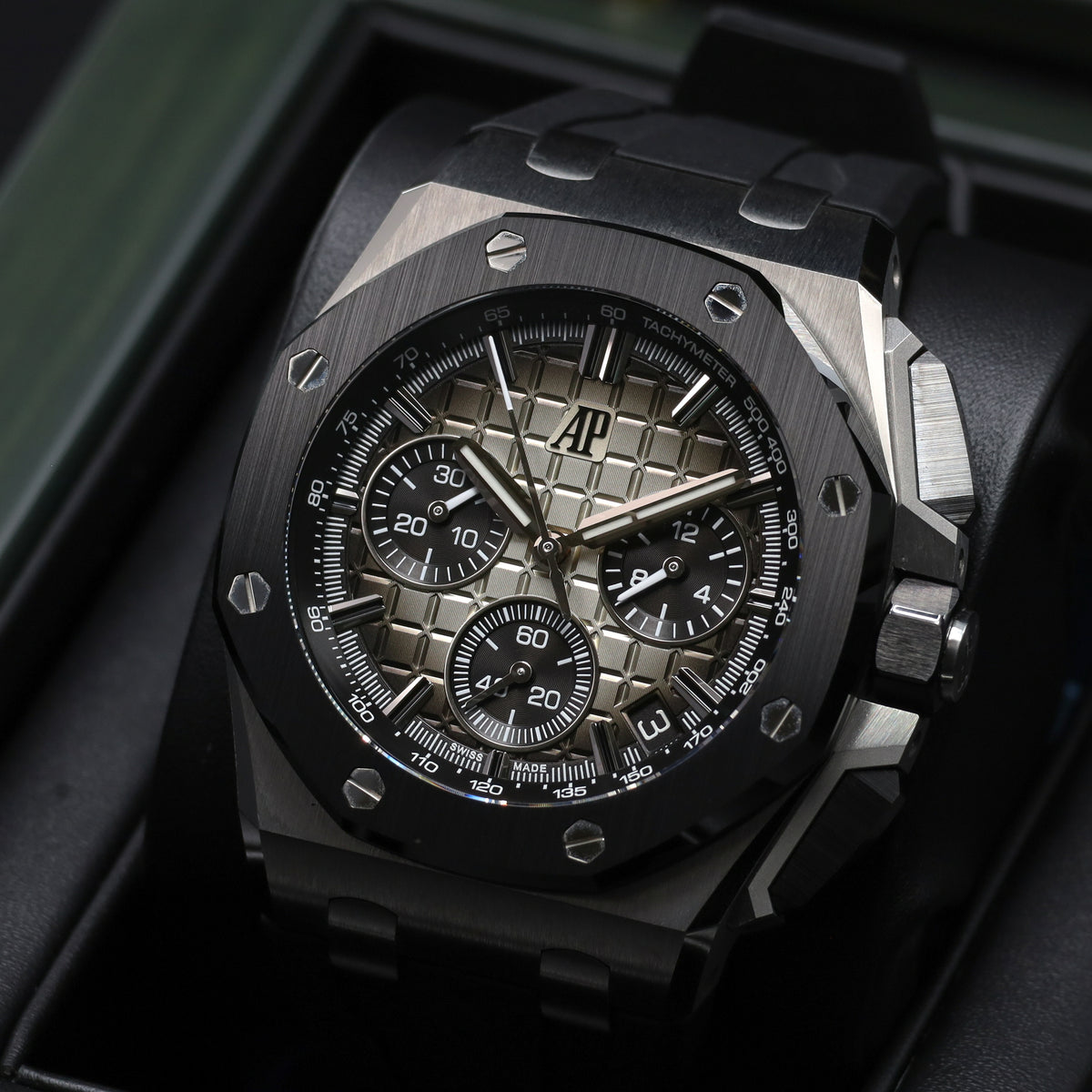 Audemars Piguet Royal Oak Offshore 2022 Complete 43mm Stainless Steel Taupe "Méga Tapisserie"  Dial Black Ceramic Bezel Rubber Strap 26420SO.OOA600CA.01