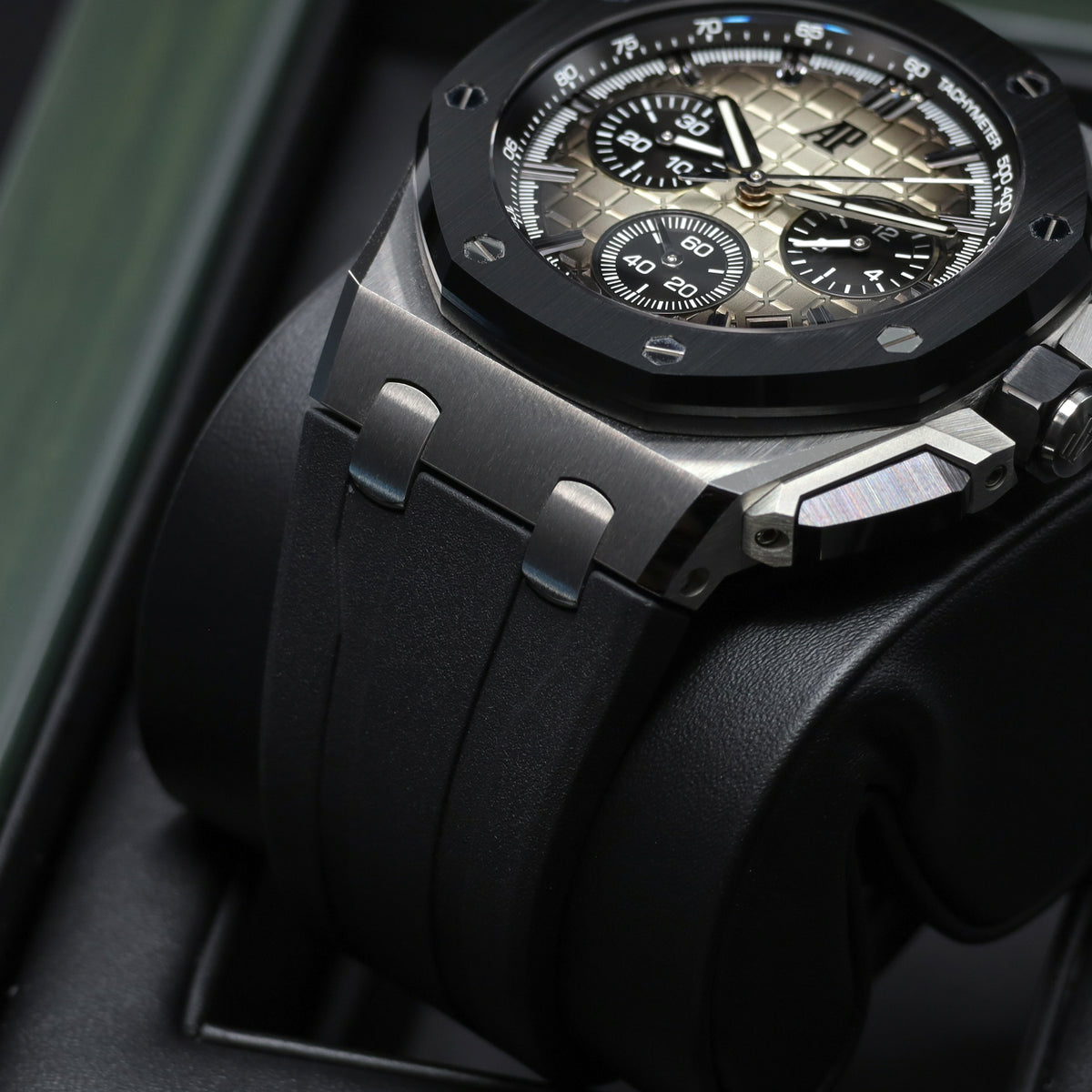 Audemars Piguet Royal Oak Offshore 2022 Complete 43mm Stainless Steel Taupe "Méga Tapisserie"  Dial Black Ceramic Bezel Rubber Strap 26420SO.OOA600CA.01