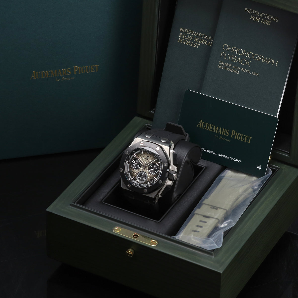 Audemars Piguet Royal Oak Offshore 2022 Complete 43mm Stainless Steel Taupe "Méga Tapisserie"  Dial Black Ceramic Bezel Rubber Strap 26420SO.OOA600CA.01