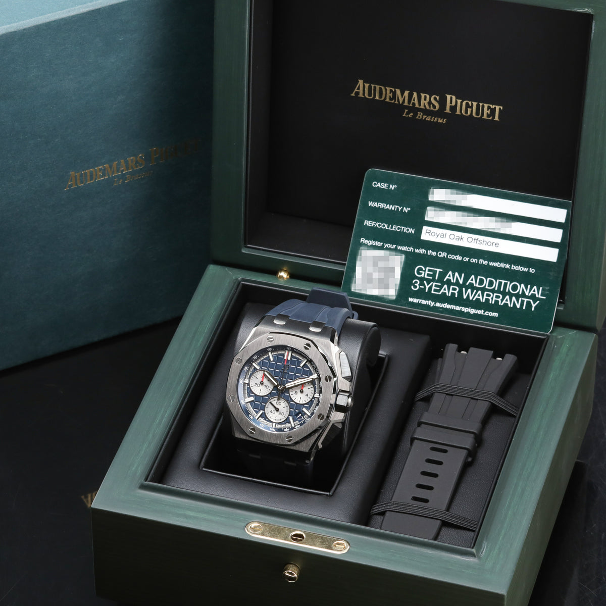 Audemars Piguet Royal Oak Offshore 2023 Complete 43mm Titanium Blue “Méga Tapisserie” Dial Titanium Bezel Blue Rubber Strap 26420TI