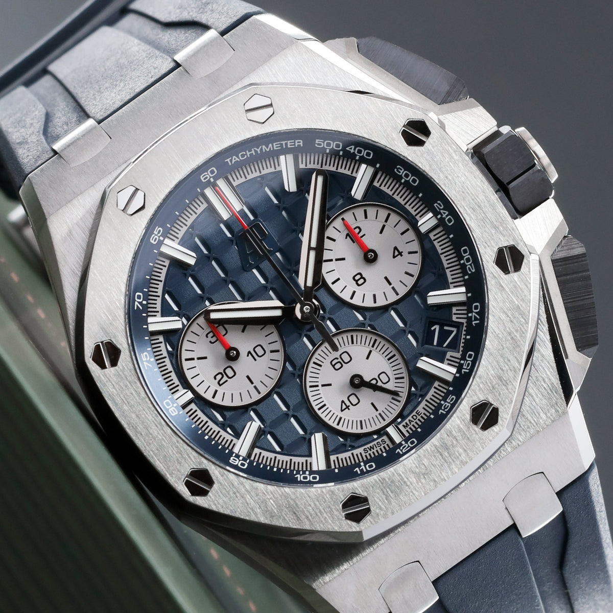 Audemars Piguet Royal Oak Offshore 2023 Complete 43mm Titanium Blue “Méga Tapisserie” Dial Titanium Bezel Blue Rubber Strap 26420TI
