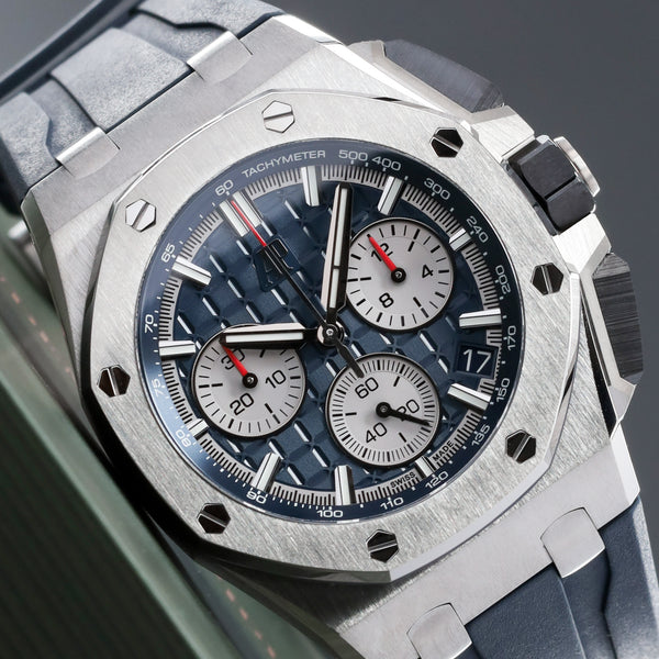 Audemars Piguet Royal Oak Offshore 2023 Complete 43mm Titanium Blue “Méga Tapisserie” Dial Titanium Bezel Blue Rubber Strap 26420TI